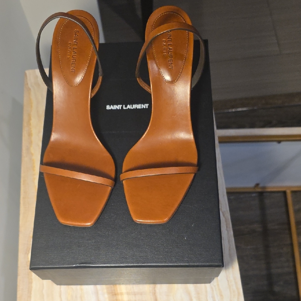Saint Laurent Brown Leather YSL Logo Heel Sandal - Picture 3 of 8